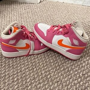 Kids Pink and Orange Air Jordan 1 Mid